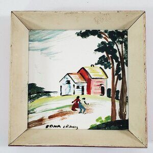 Vintage Oil Painting Tile Wall Plaque Man Woman Country House Signed Edna Lewis